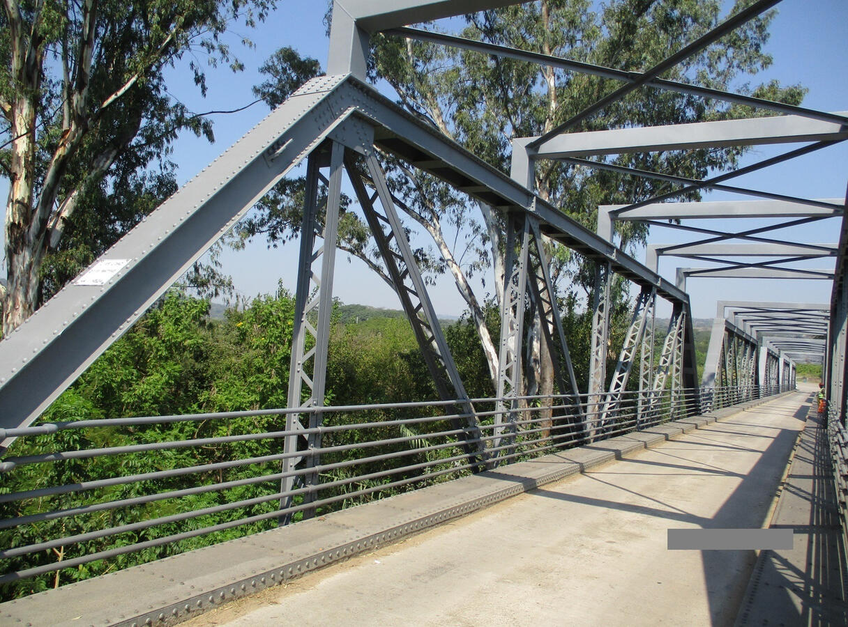 Steel pedestrian bridge with triangular bracing and handrails.