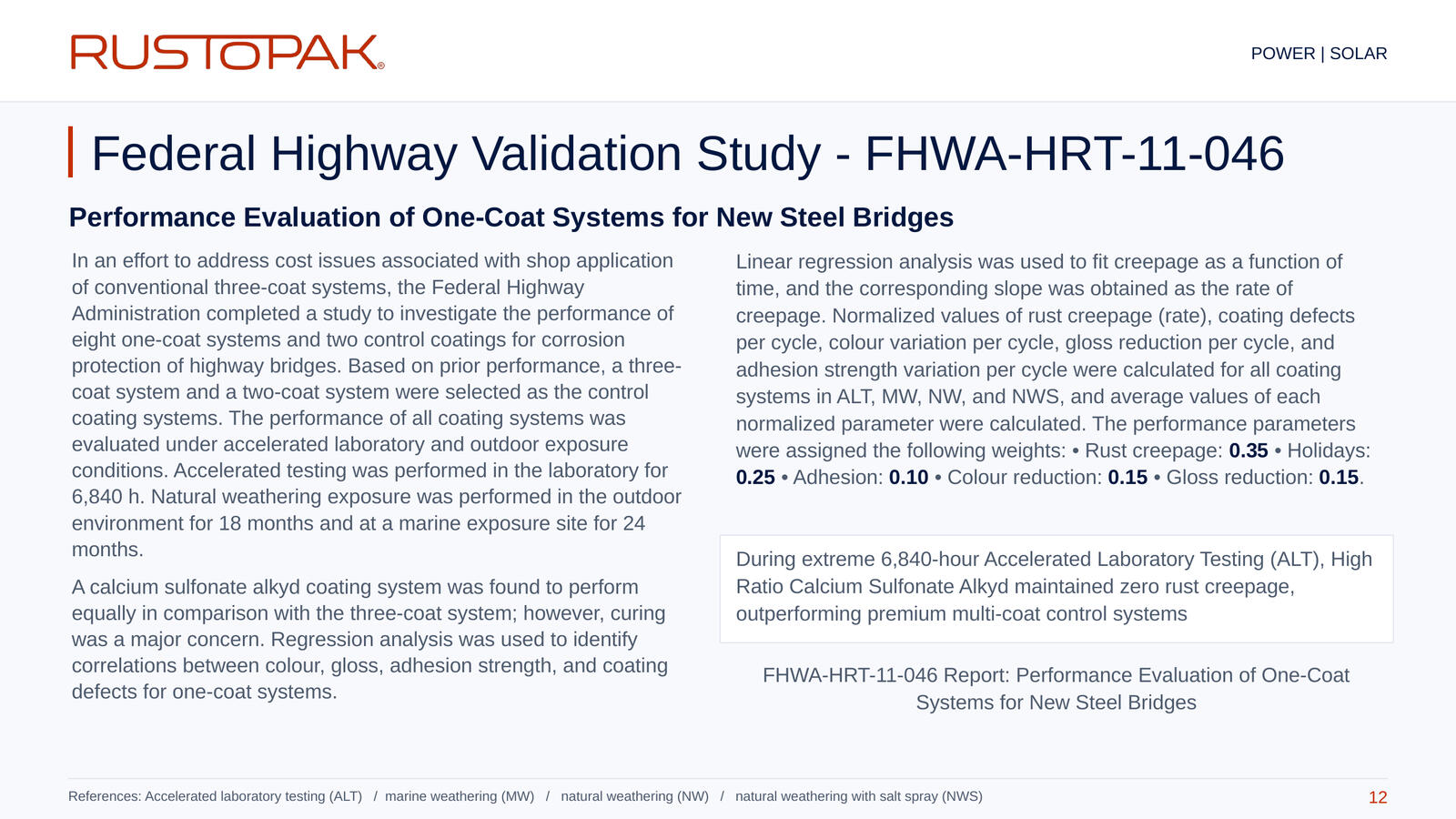 Slide 12: FHWA study summary covering exposure conditions, evaluation methods and performance measures.