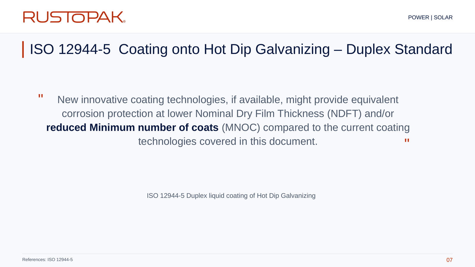 Slide 07: Quotation attributed to ISO 12944-5 about dry film thickness and the number of coats for new coating technologies.