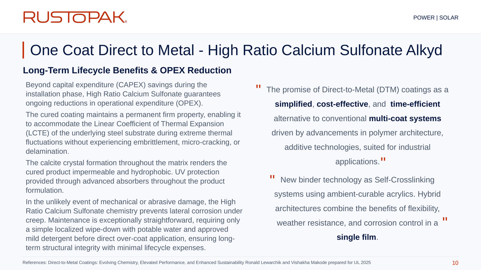 Slide 10: Discussion of coating lifecycle, maintenance and operating expenditure, alongside a quotation about DTM coating development.