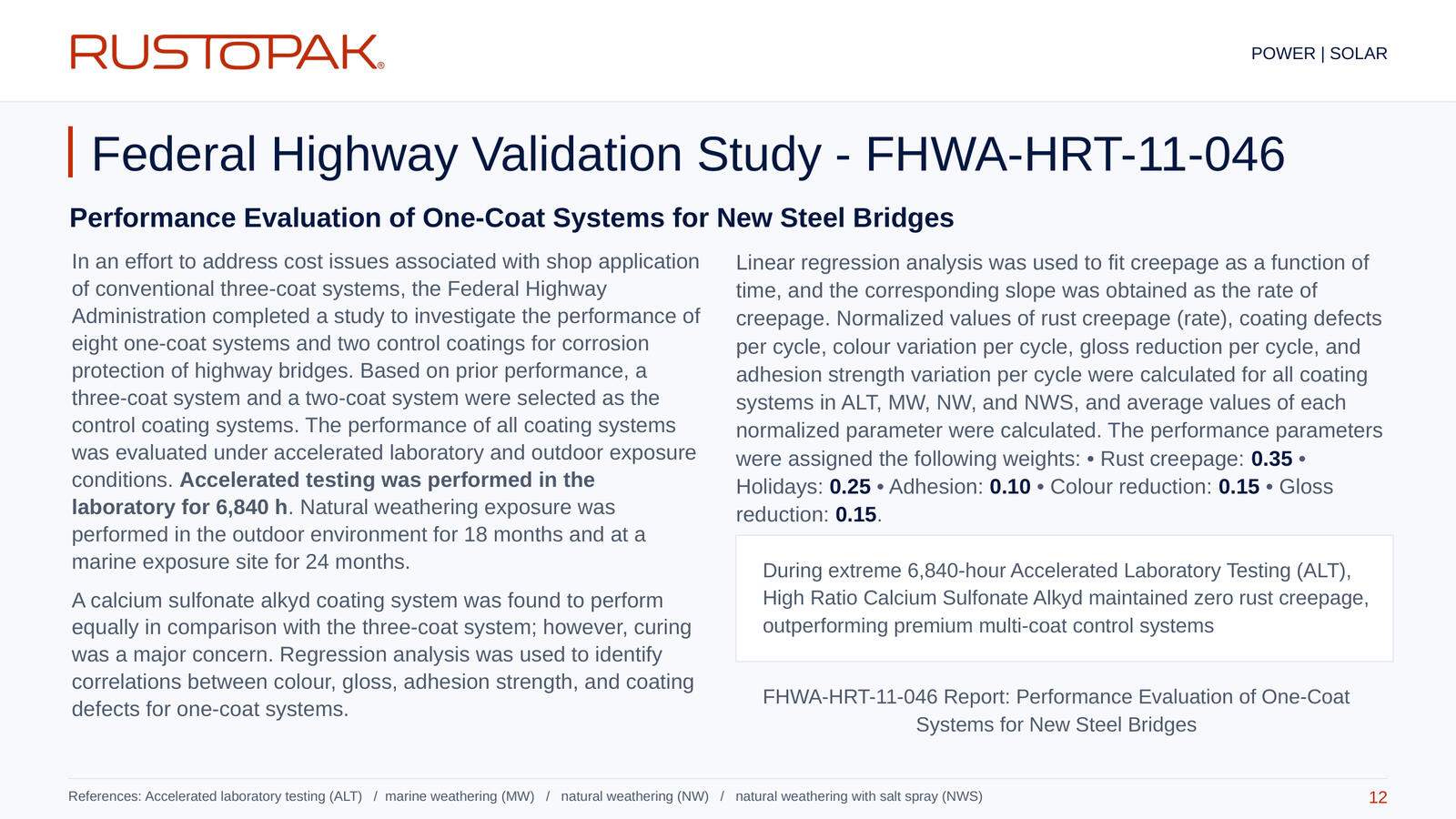 Slide 12: FHWA study summary covering exposure conditions, evaluation methods and performance measures.
