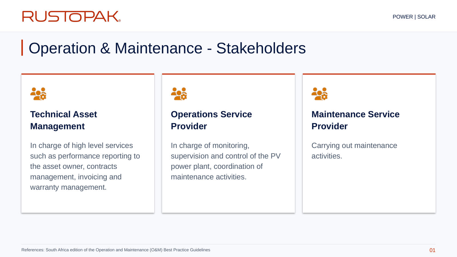 Slide 01: Roles of technical asset management, operations service providers and maintenance service providers.