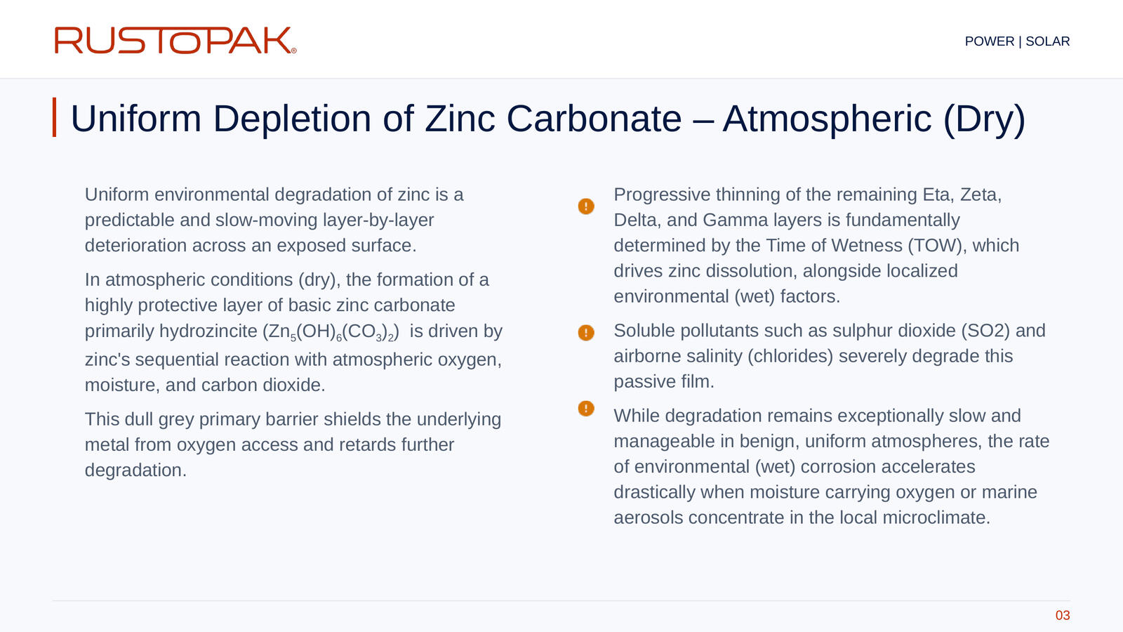 Slide 03: Explanation of zinc carbonate formation and depletion under atmospheric exposure.