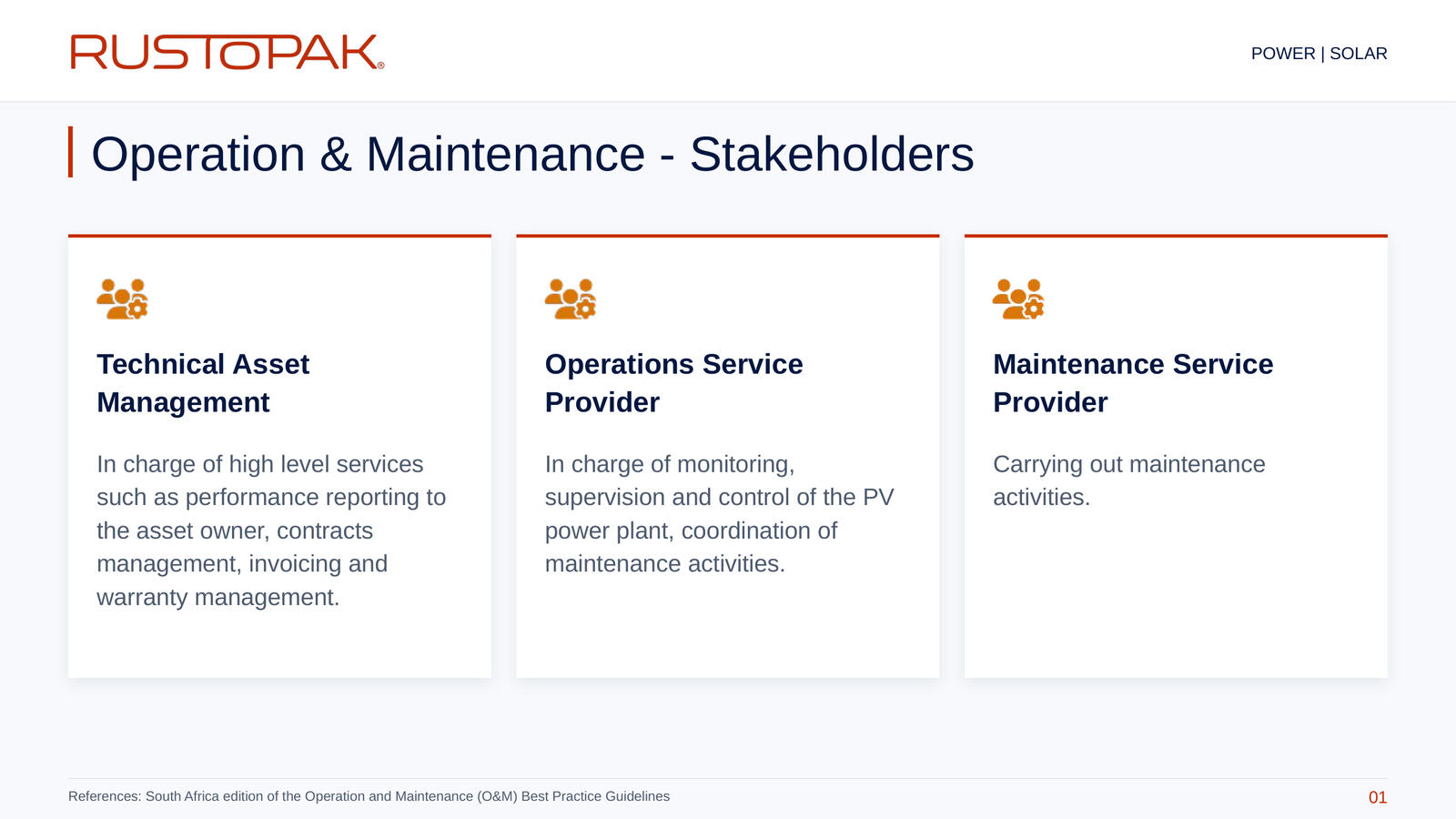 Slide 01: Roles of technical asset management, operations service providers and maintenance service providers.