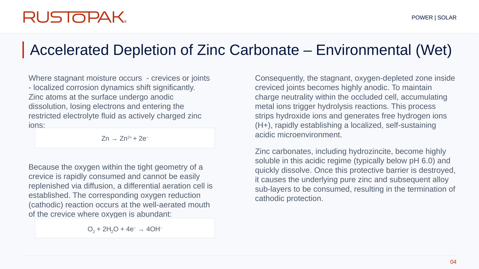 Slide 04: Explanation of crevice corrosion and zinc carbonate depletion in wet conditions, with chemical reaction equations.