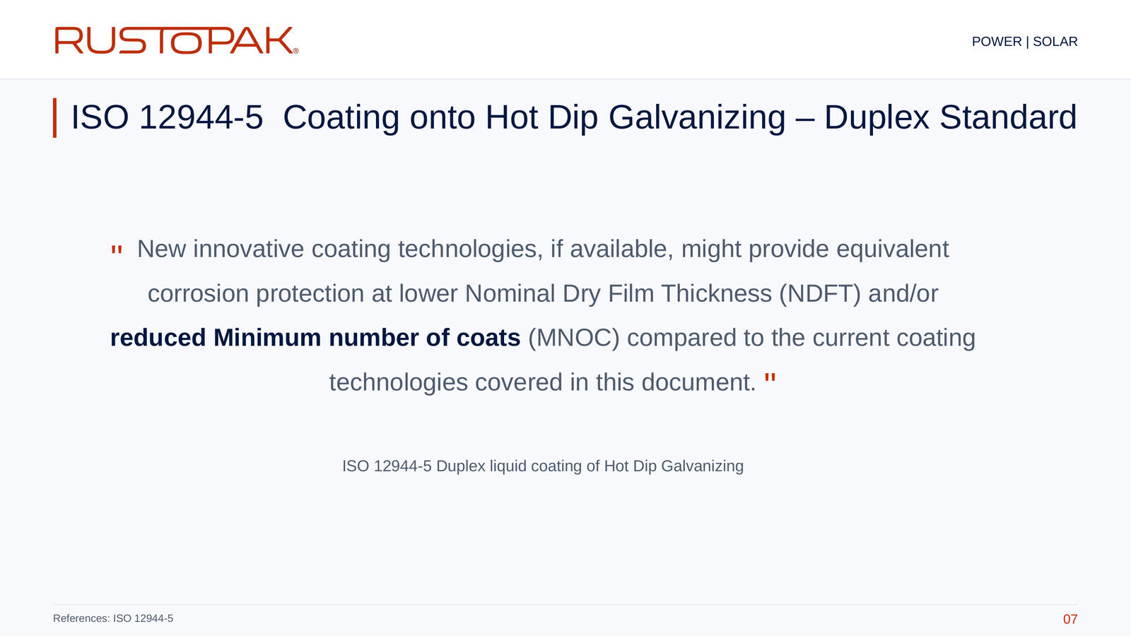 Slide 07: Quotation attributed to ISO 12944-5 about dry film thickness and the number of coats for new coating technologies.