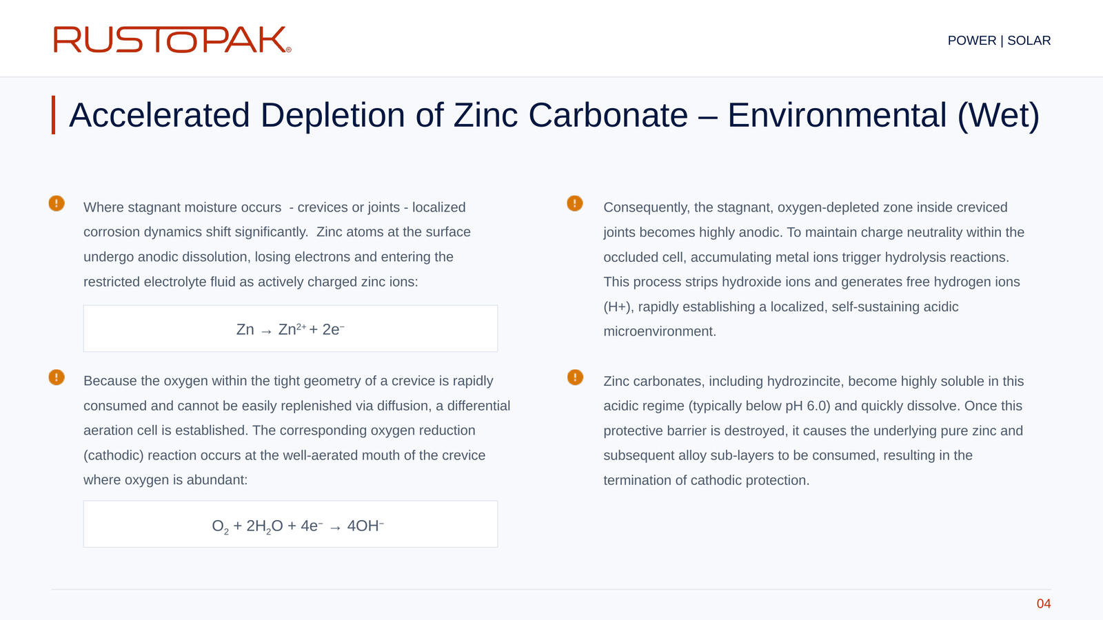 Slide 04: Explanation of crevice corrosion and zinc carbonate depletion in wet conditions, with chemical reaction equations.