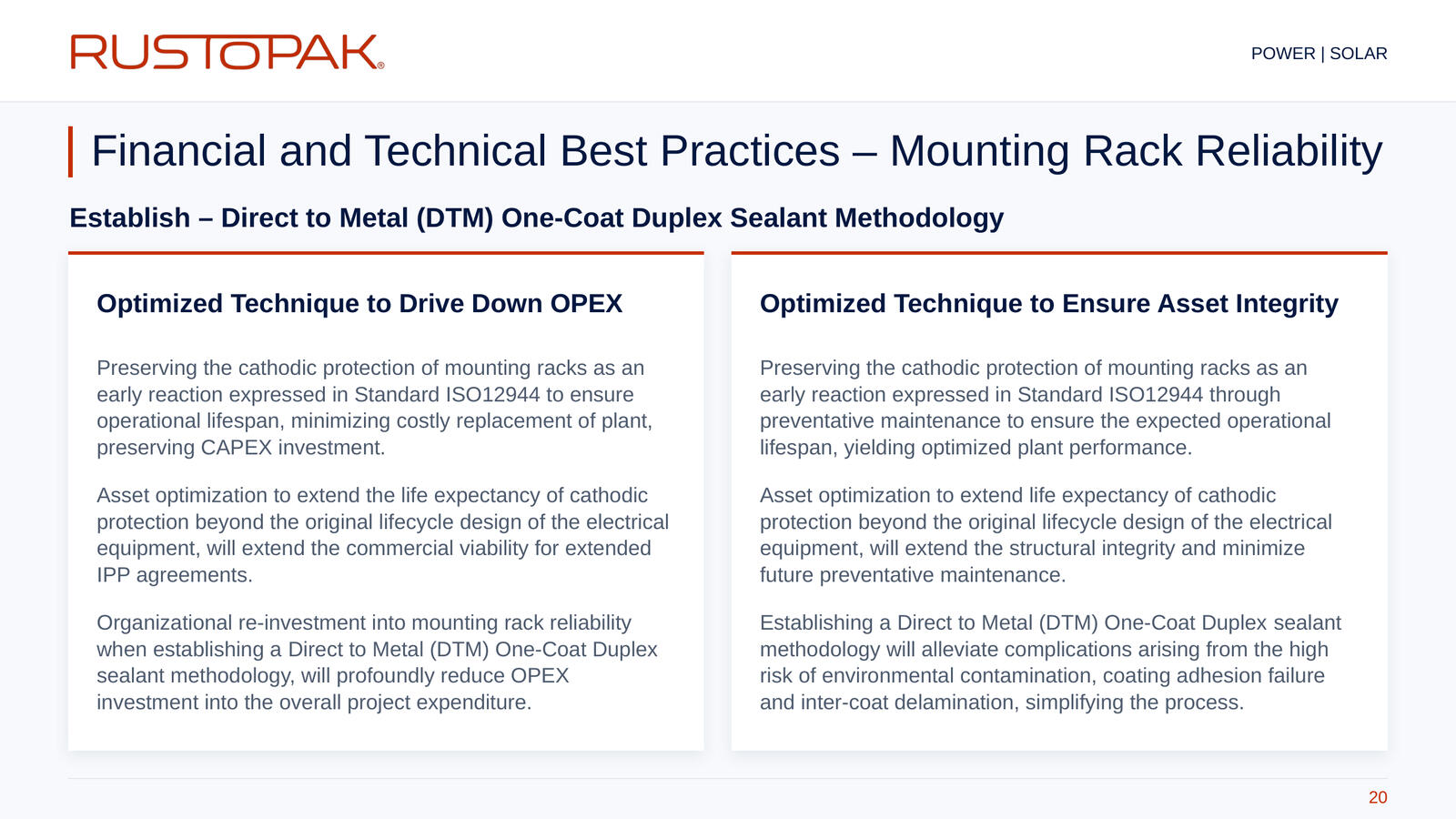 Slide 20: Two-column discussion of operating expenditure and asset integrity for solar mounting rack maintenance.