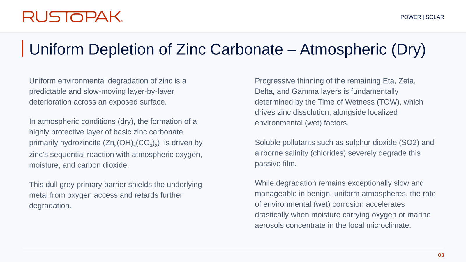 Slide 03: Explanation of zinc carbonate formation and depletion under atmospheric exposure.