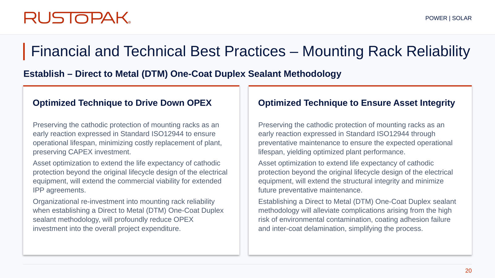 Slide 20: Two-column discussion of operating expenditure and asset integrity for solar mounting rack maintenance.