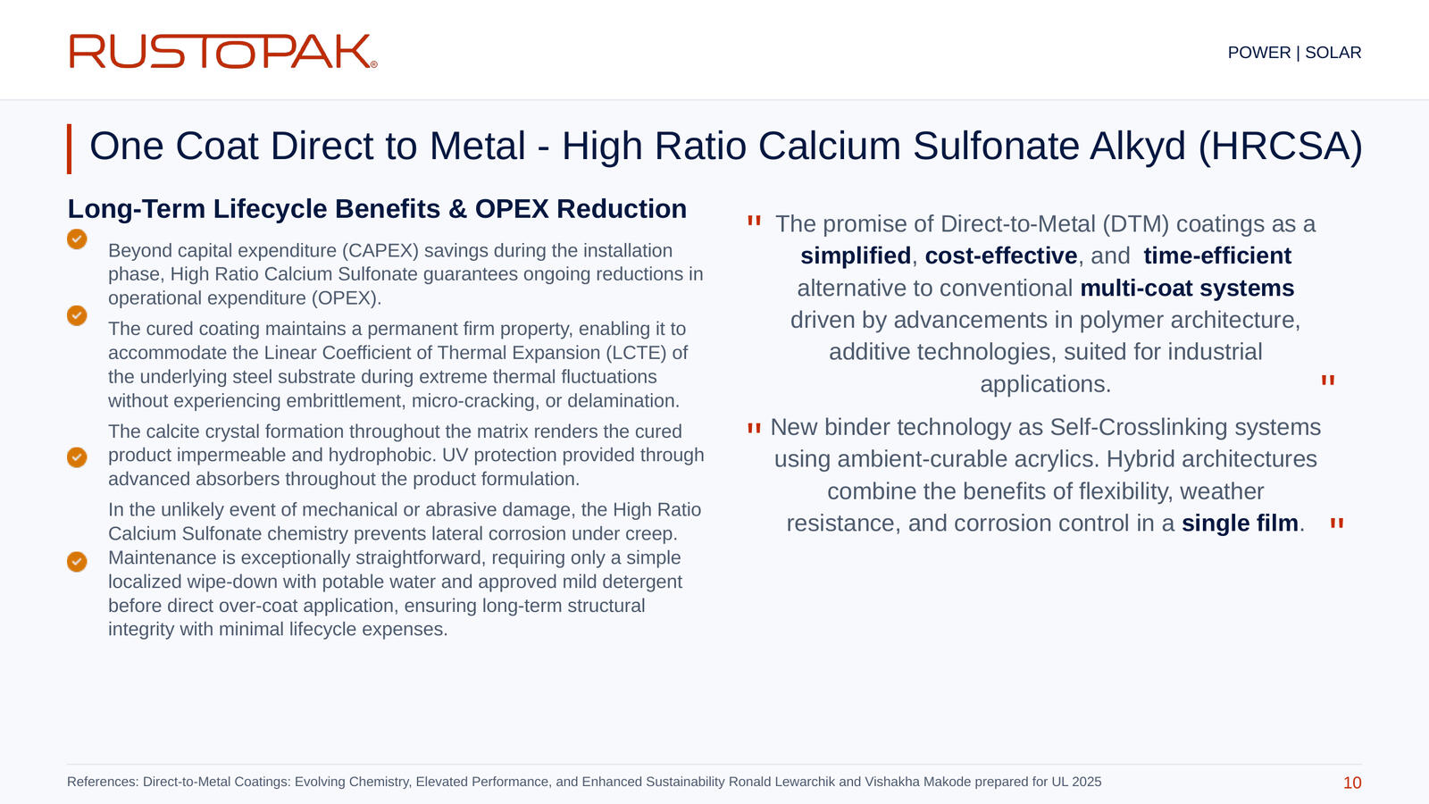 Slide 10: Discussion of coating lifecycle, maintenance and operating expenditure, alongside a quotation about DTM coating development.