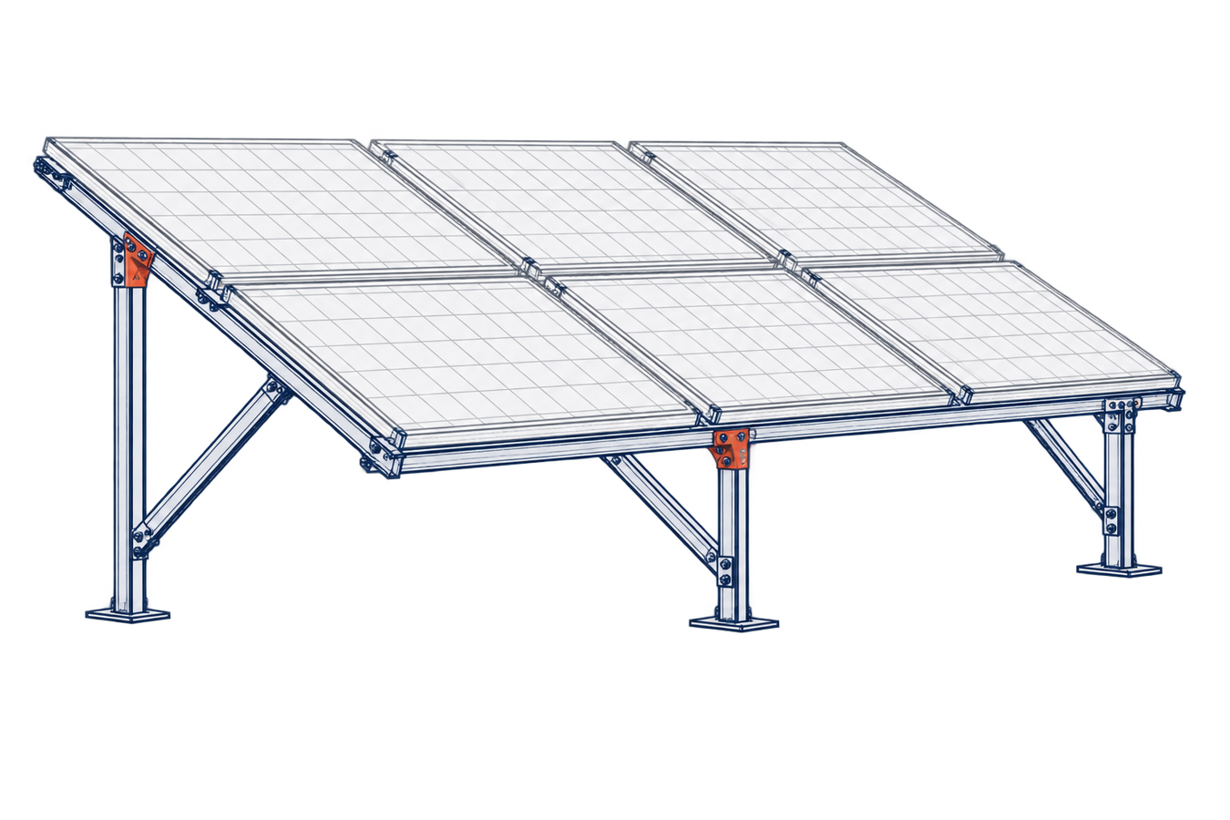 Engineering line drawing showing the steel posts, rails and braces beneath solar panels.