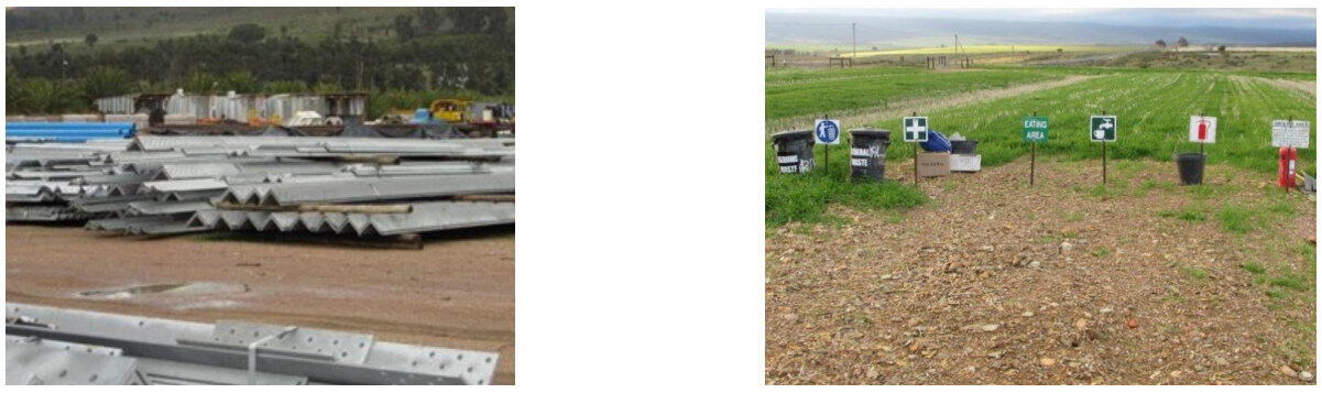 Steel components stored in a yard and an outdoor site area marked with safety signs