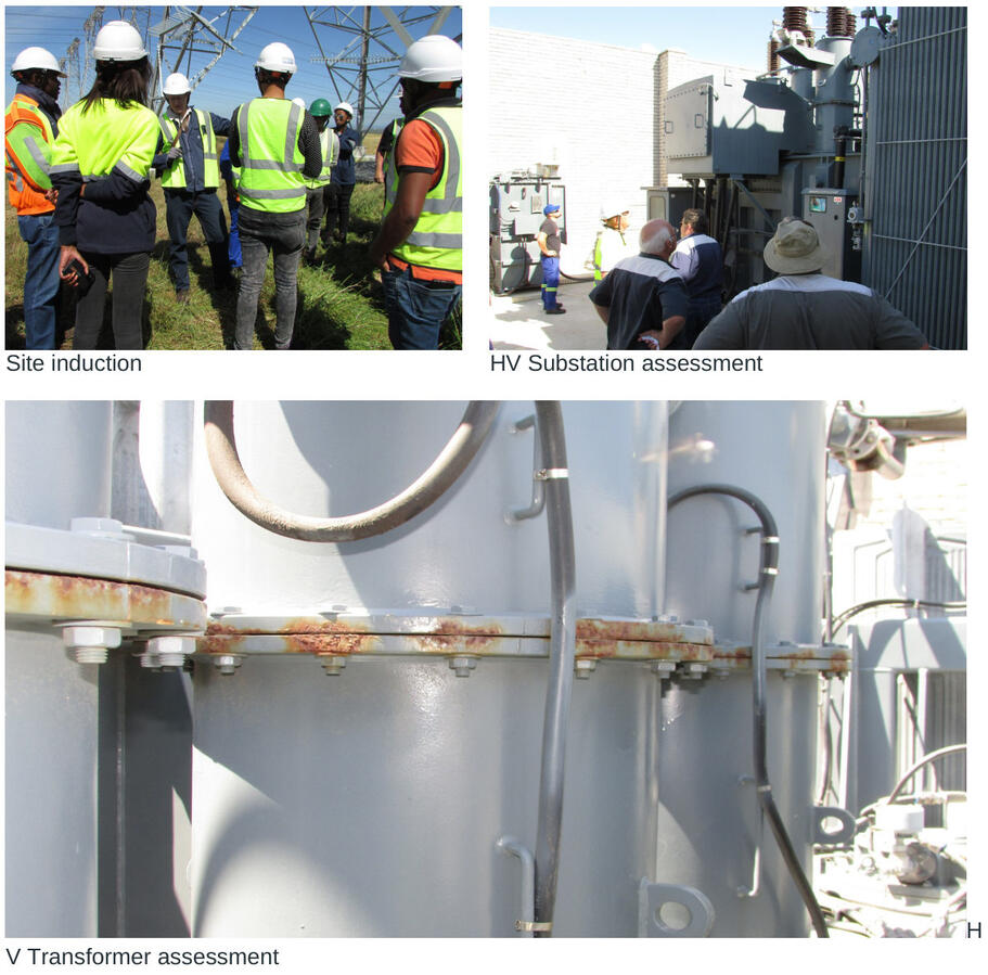 Site induction group, high-voltage substation equipment and transformer surfaces being assessed.