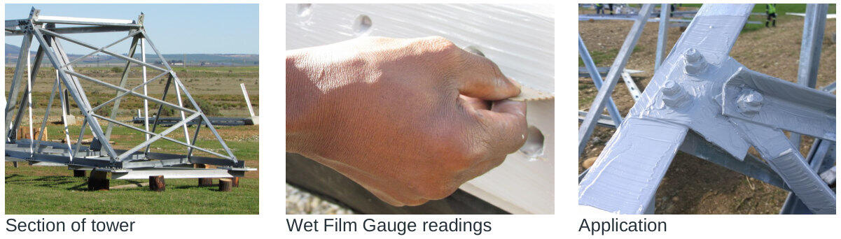 Transmission tower section, wet film gauge readings and RUSTOPAK joint sealant application