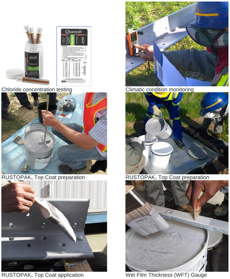 Chloride testing, climatic monitoring, Top Coat preparation and application, and wet film thickness measurement.