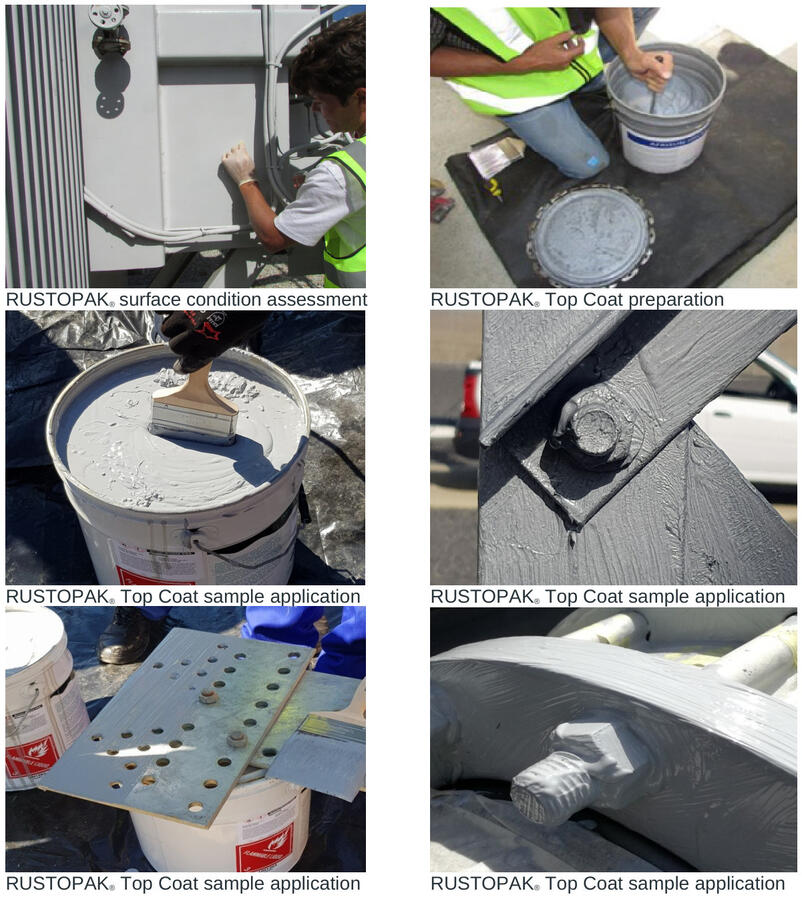 Six photographs showing surface condition assessment, Top Coat preparation and sample coating applications
