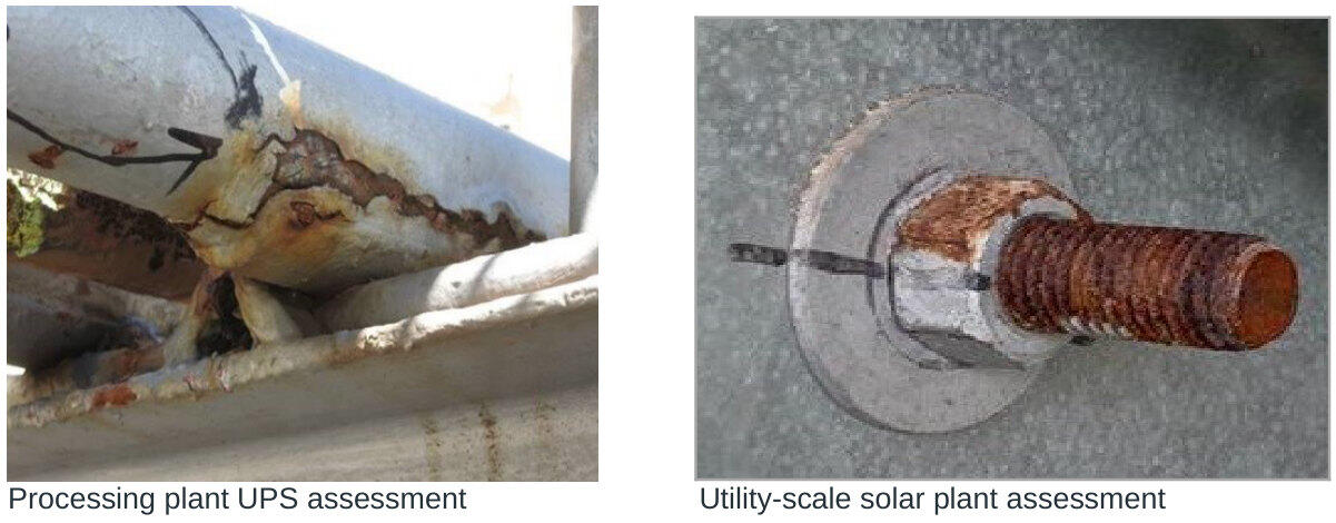 Corroded processing equipment and a rusted bolt connection assessed for a utility-scale solar project.