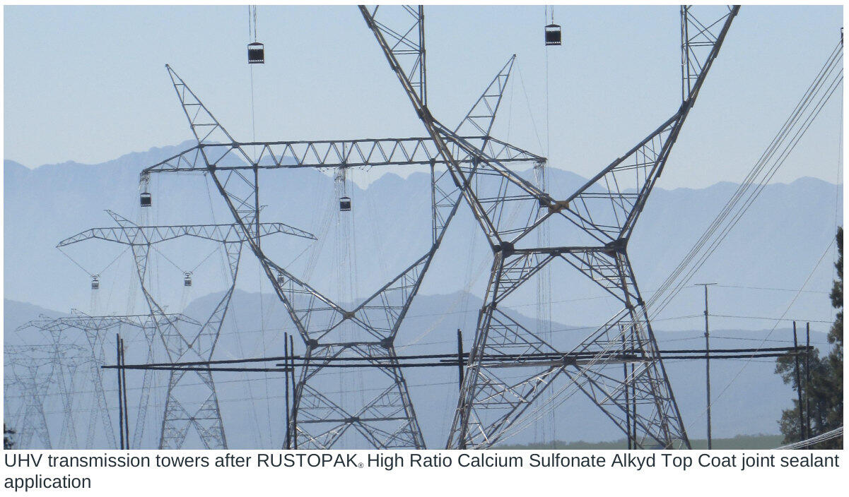 Ultra-high-voltage transmission towers after RUSTOPAK Top Coat joint sealant application