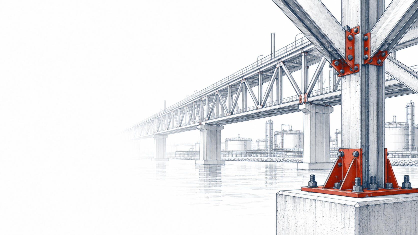Technical illustration of steel connections, a truss bridge and industrial pipework.