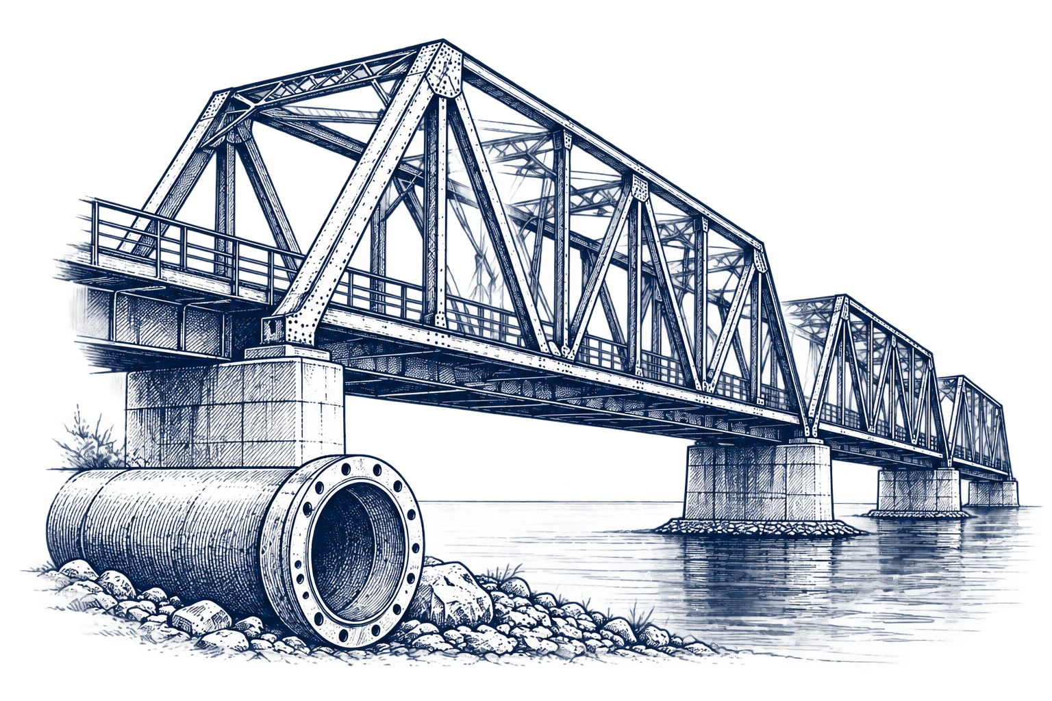 RUSTOPAK contact illustration: steel truss bridge and flanged pipe.