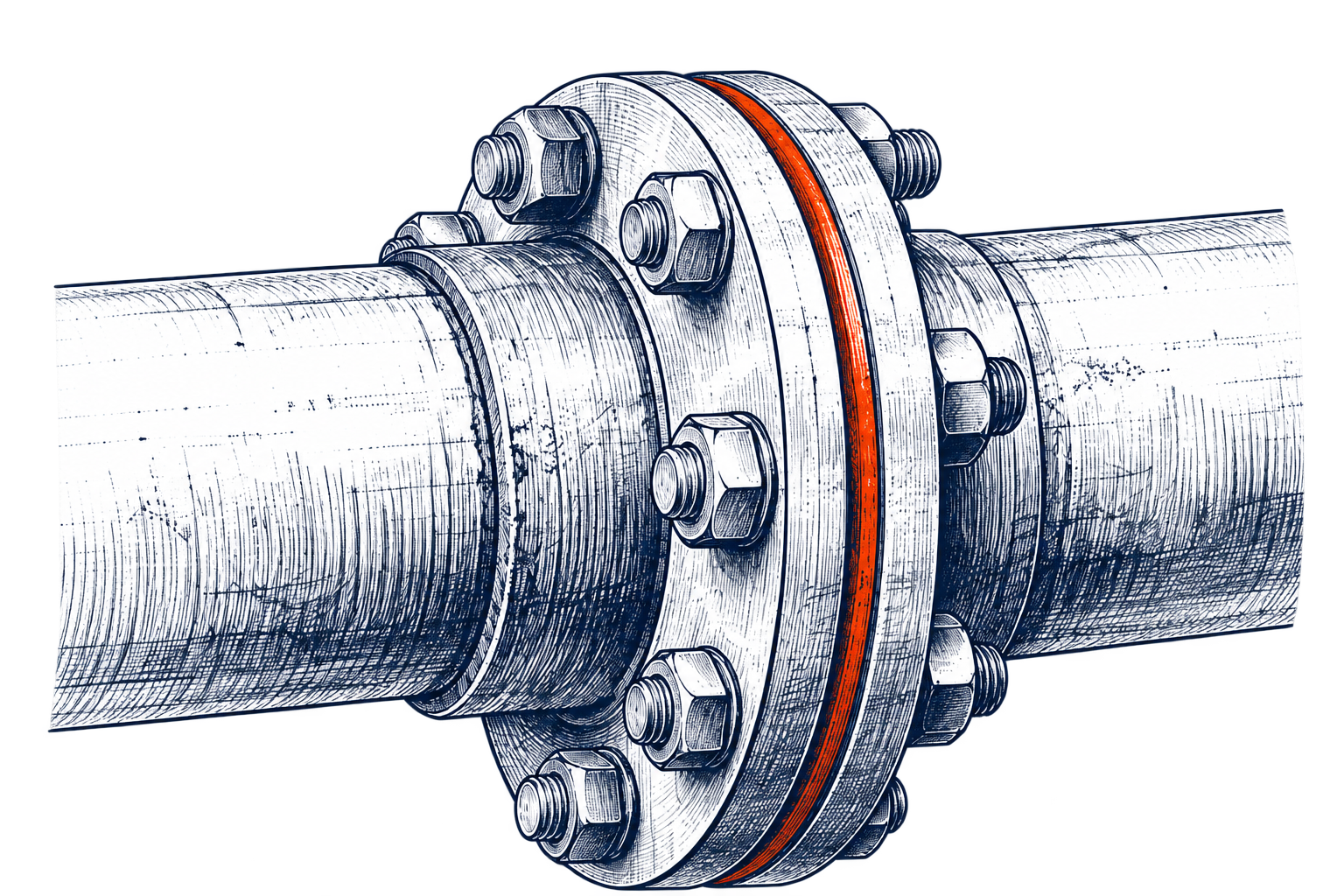 RUSTOPAK technical guidance illustration: bolted pipe flange.