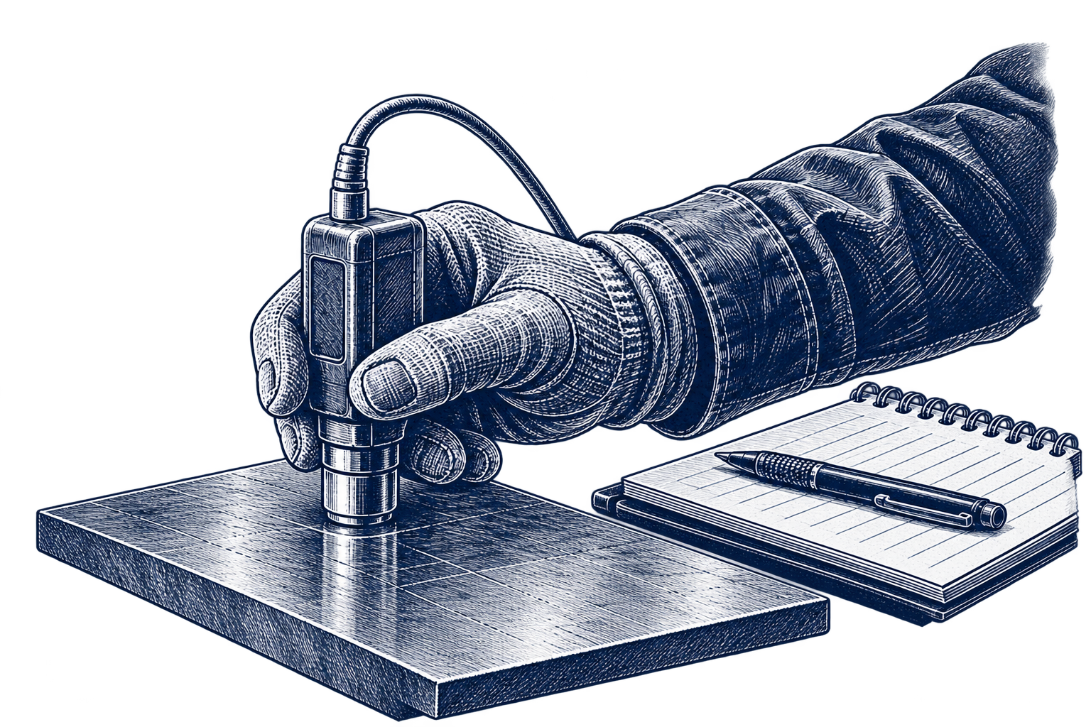 RUSTOPAK training illustration: coating inspection on a steel plate.