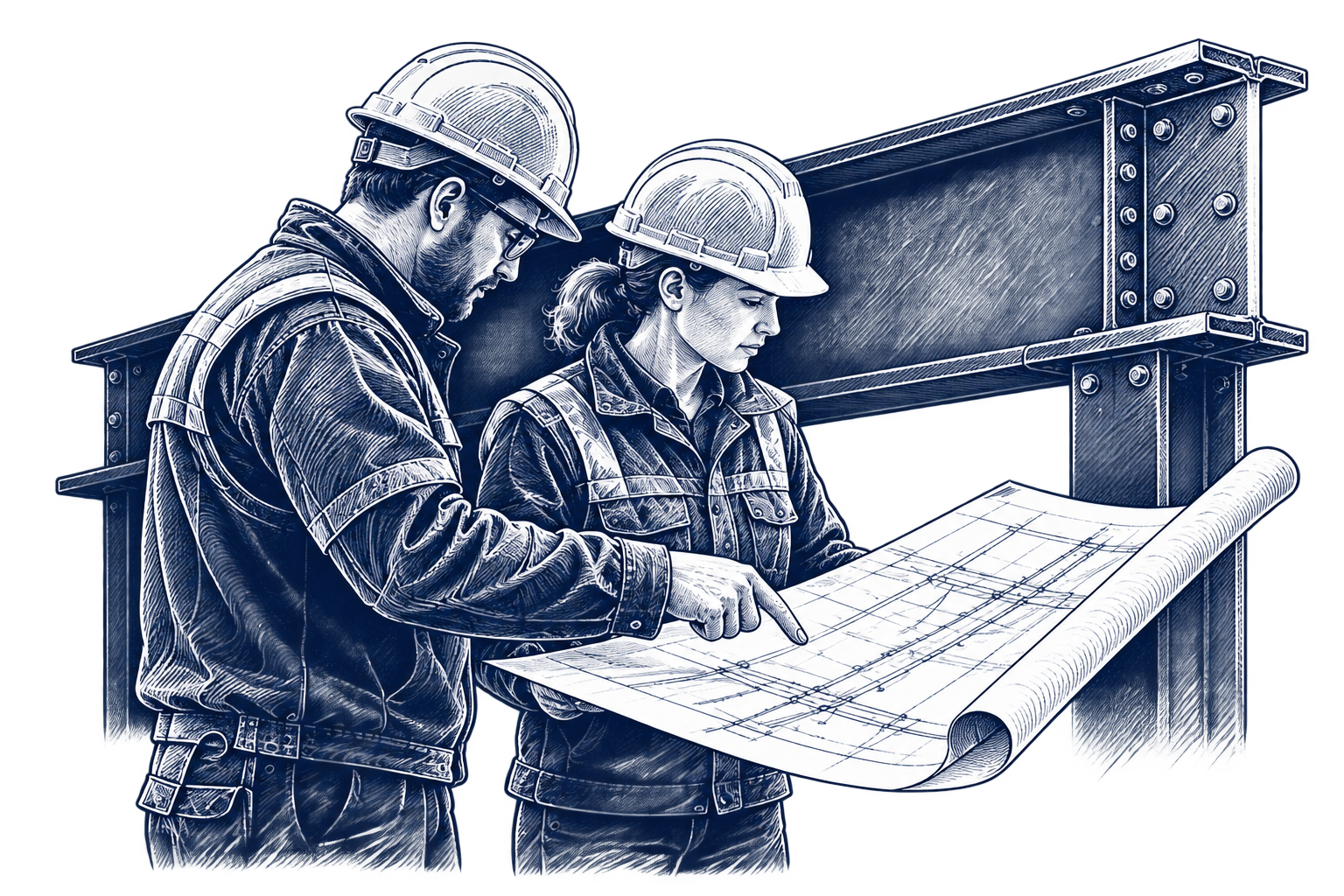 RUSTOPAK technical partner illustration: colleagues reviewing a technical drawing.