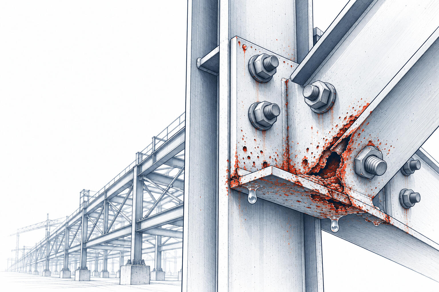 Ink illustration of a corroded steel connection, showing rust and pitting around bolts and overlapping plates.