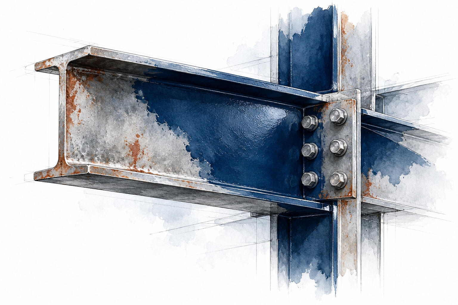 Ink and watercolour illustration of a bolted steel beam connection, with a navy coating across part of the metal surface.