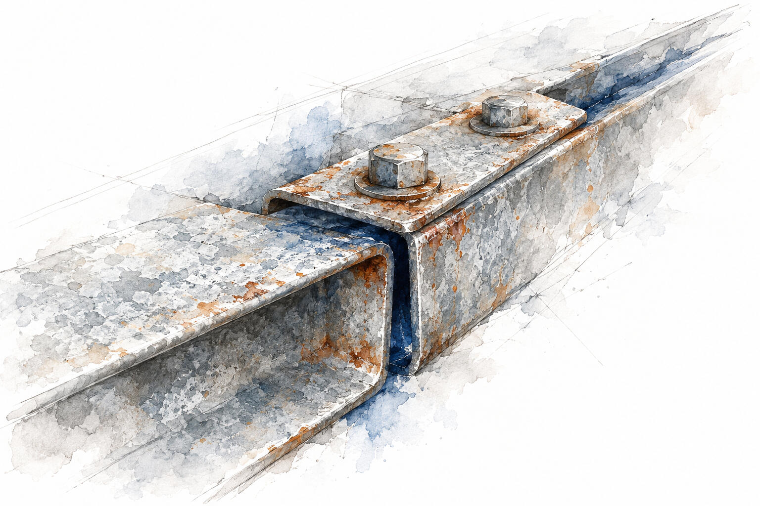 Ink and watercolour illustration of a weathered bolted steel joint, with navy shading highlighting the narrow seam between overlapping metal sections.