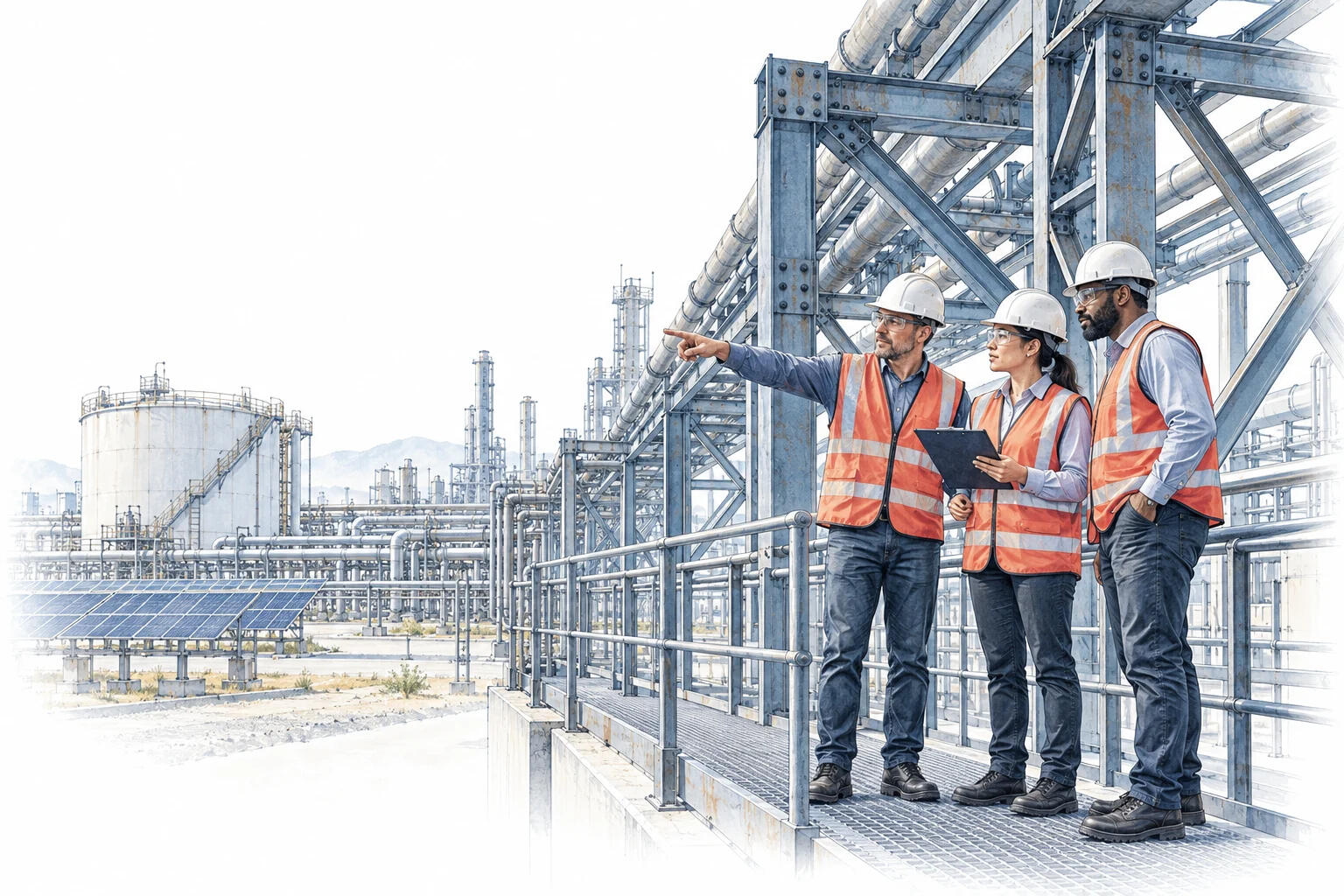 Illustration of a site team discussing industrial steel infrastructure.
